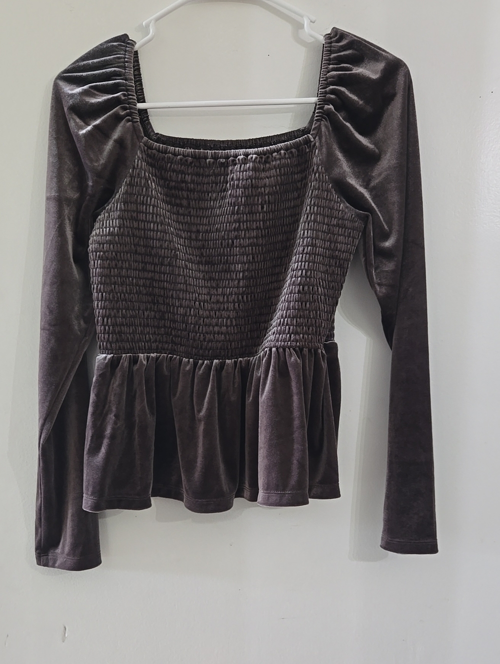 Smocked Velvet Peplum Long-Sleeve Top - Brown